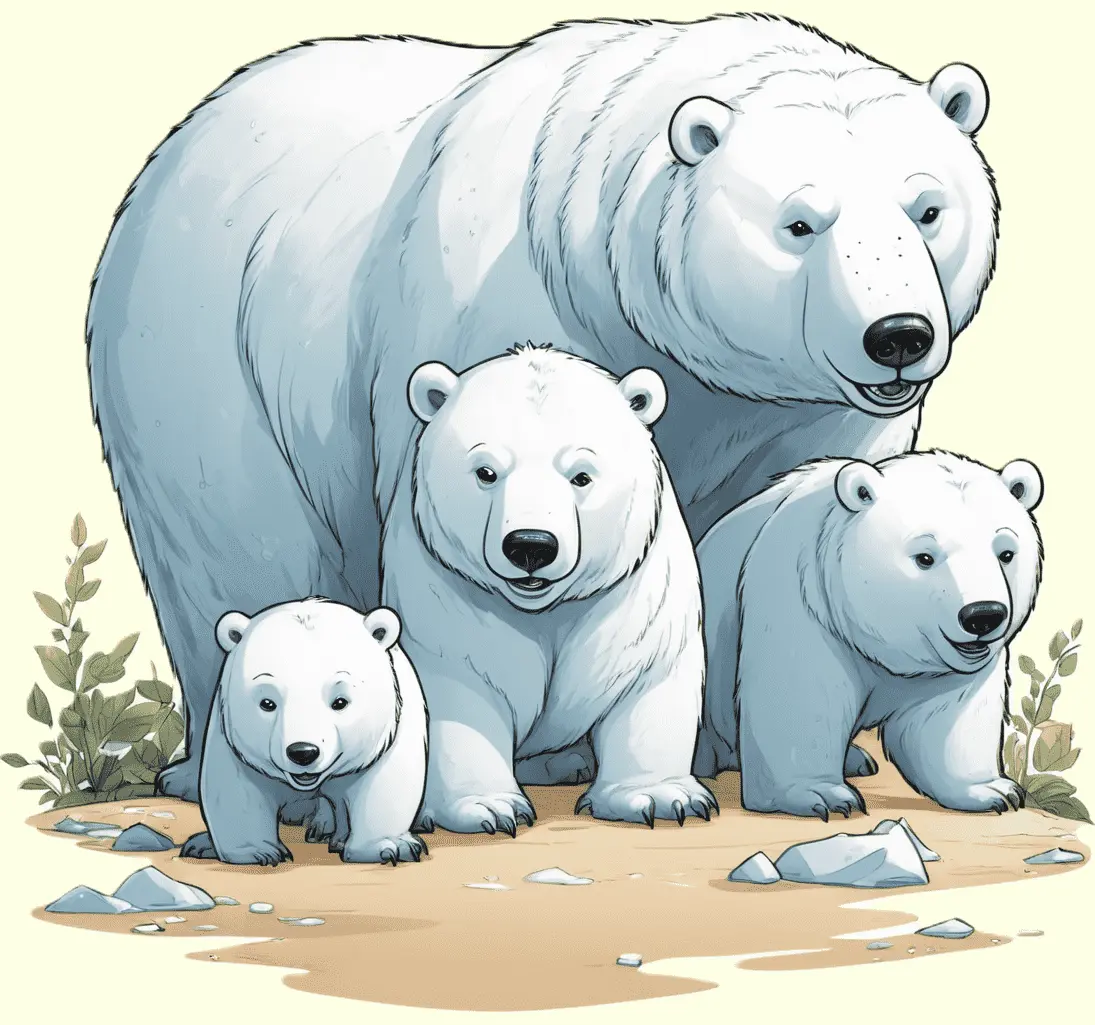 Eine Eisbärenfamilie im Schnee; gezeichnet