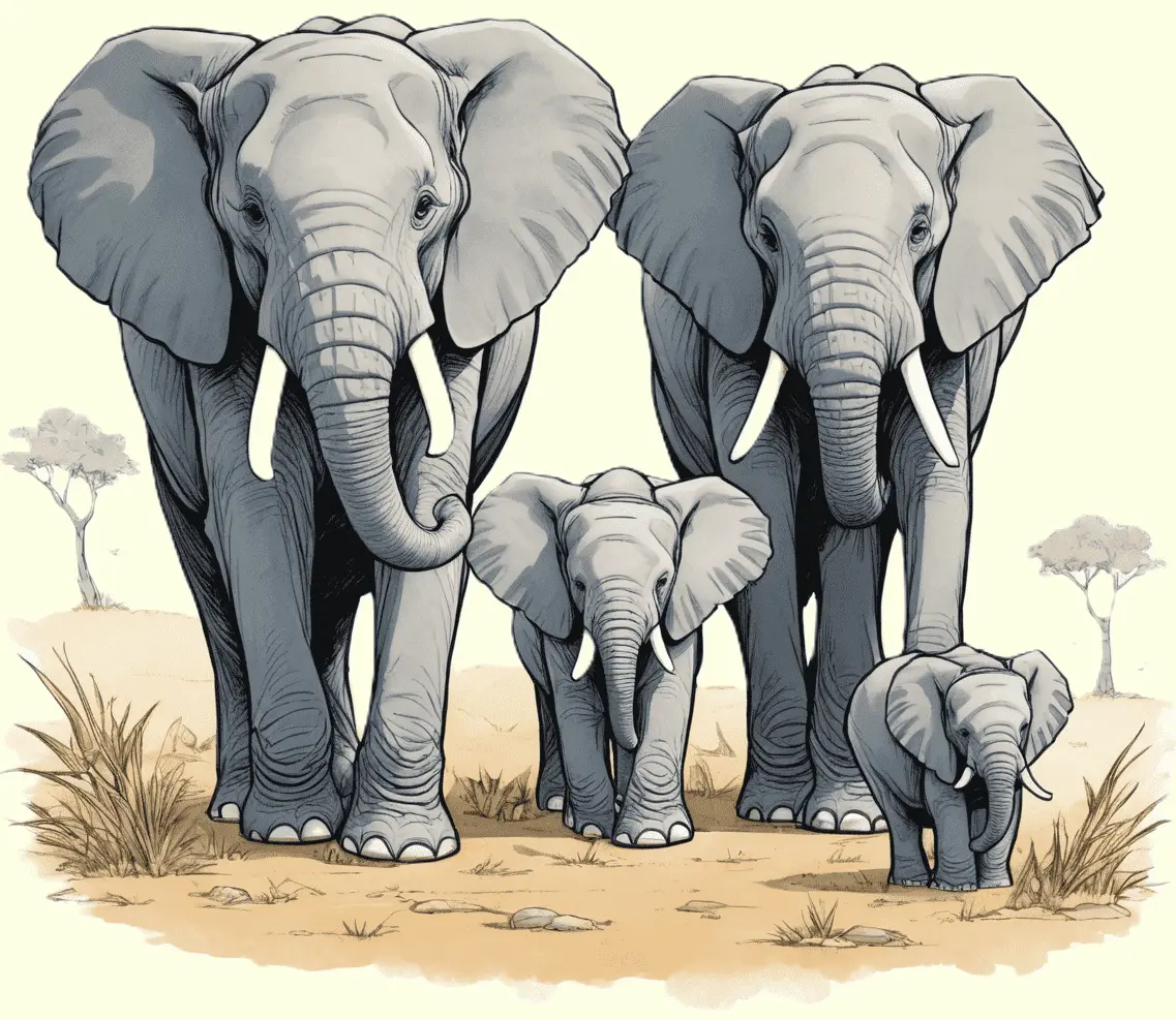 Eine Elefantenfamilie, die durch die Steppe läuft; gezeichnet