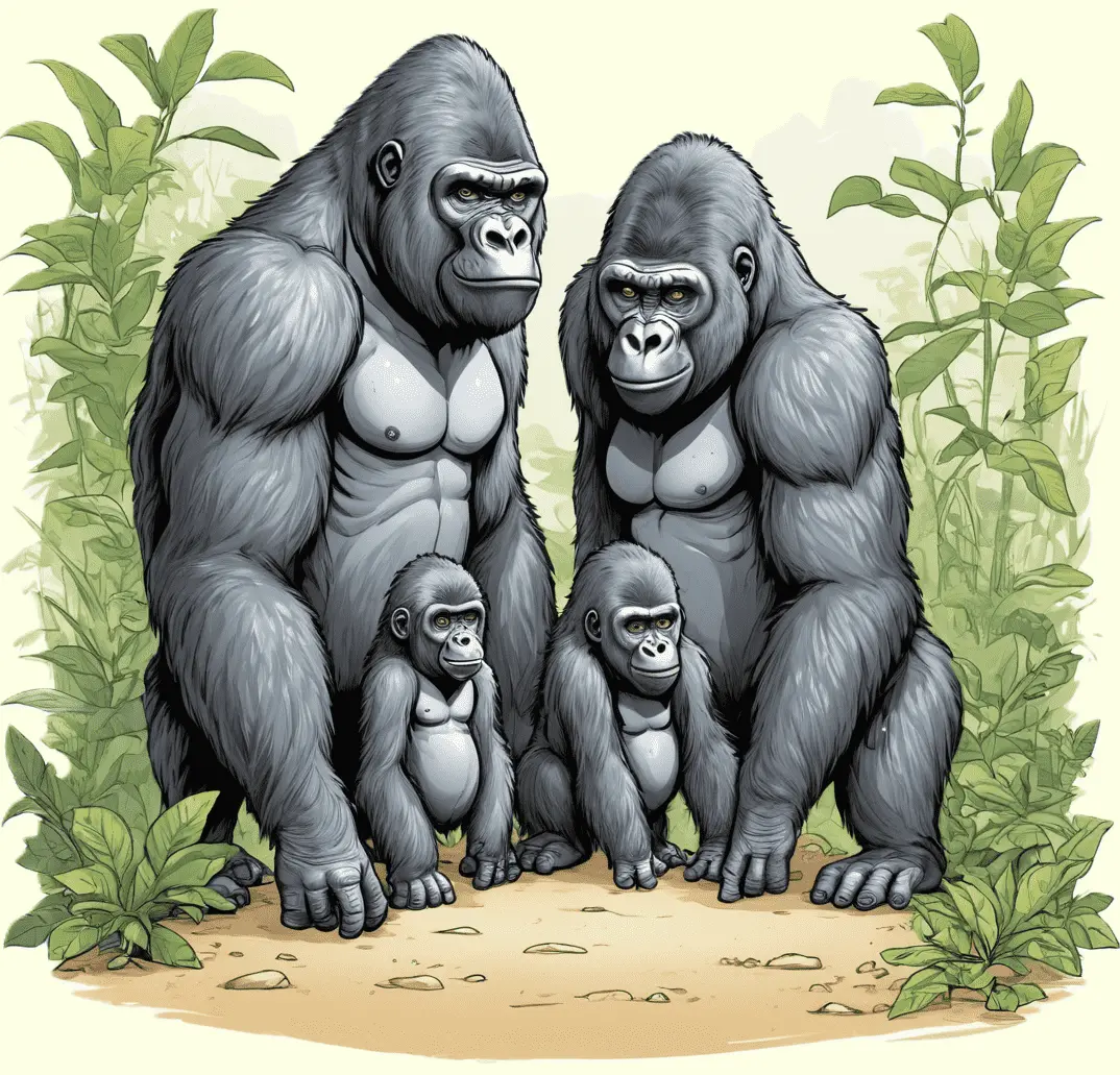 Eine Gorillafamilie im Dschungel; gezeichnet
