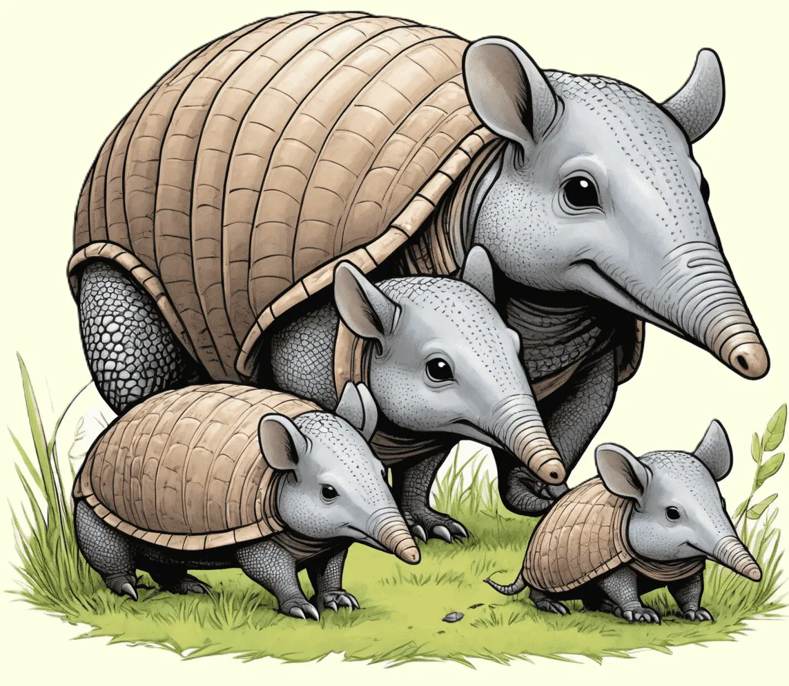 Eine Gürteltierfamilie im hohen Gras; gezeichnet