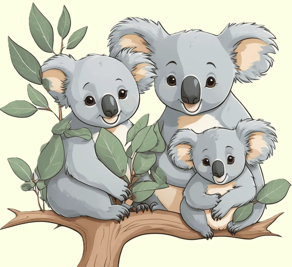 Eine Koalafamilie im Eukalyptuswald; gezeichnet
