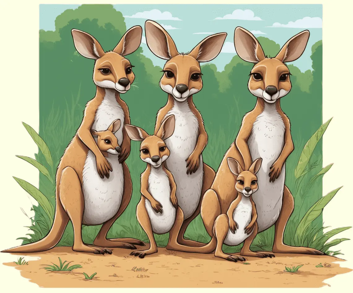 Eine Kängurufamilie im Grasland; gezeichnet