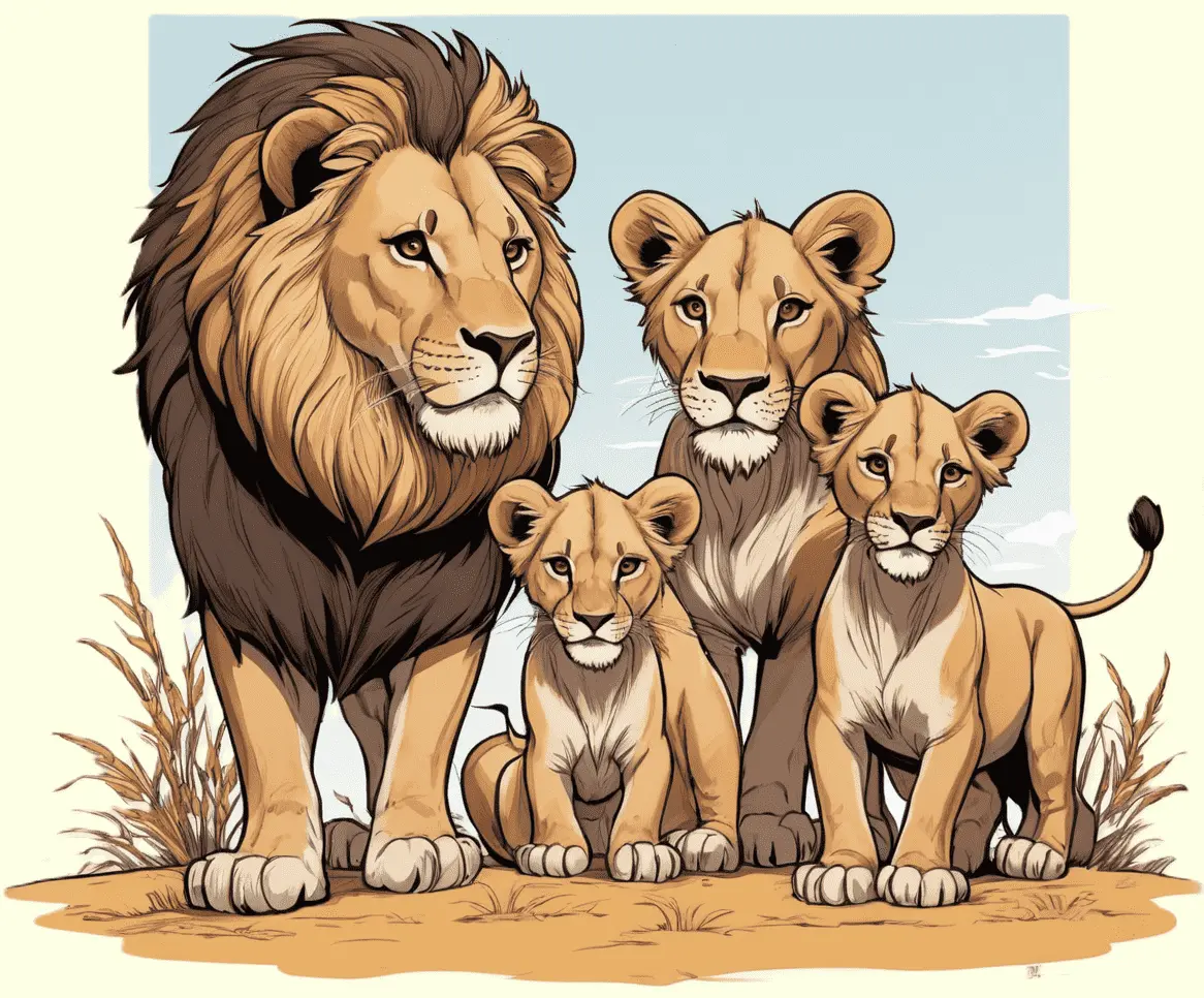 Eine Löwenfamilie, die in der Savane sitzt; gezeichnet
