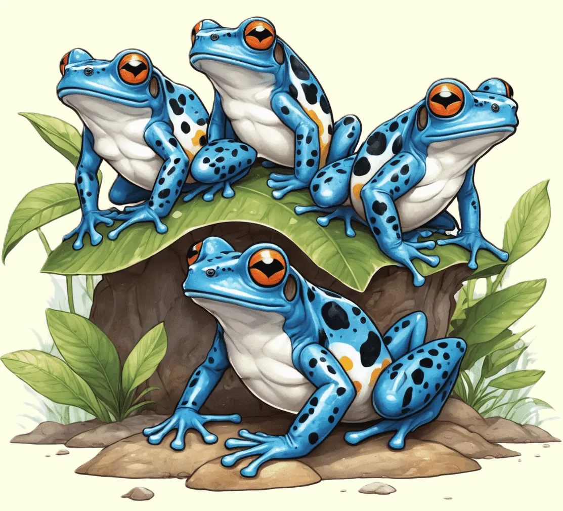 Eine Pfeilgiftfroschfamilie im Regenwald; gezeichnet