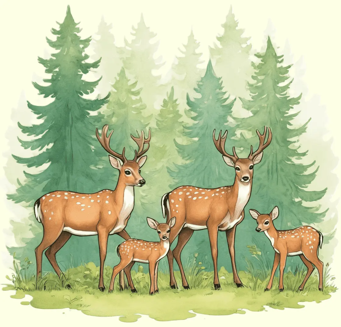 Eine Rehfamilie im Wald; gezeichnet