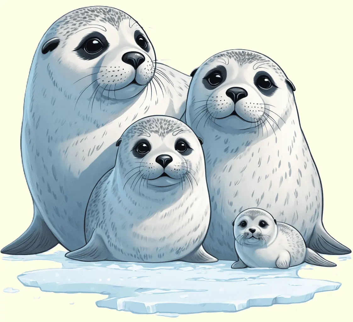 Eine Ringelrobbenfamilie auf dem Eis; gezeichnet