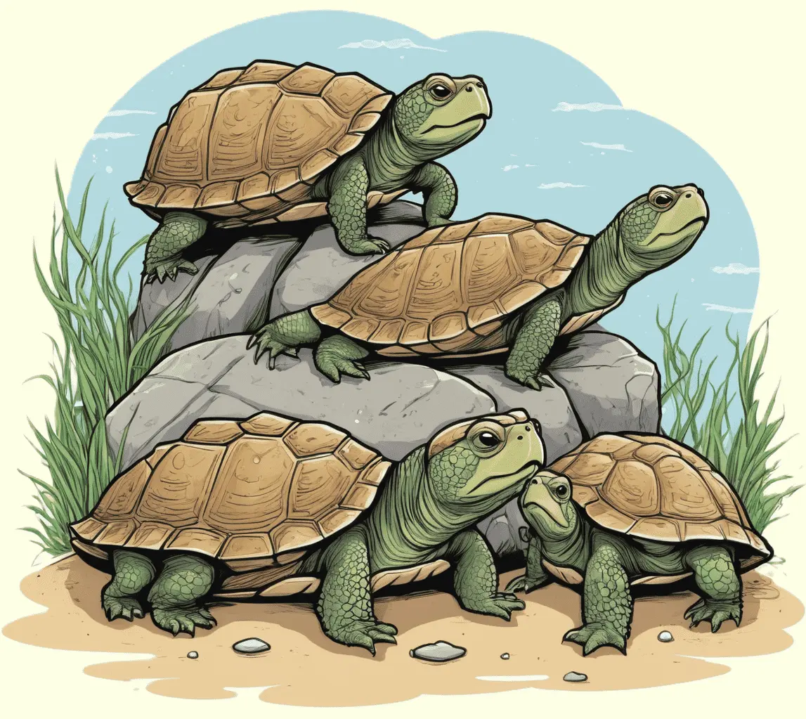 Eine Schnappschildkrötenfamilie am Flussufer; gezeichnet