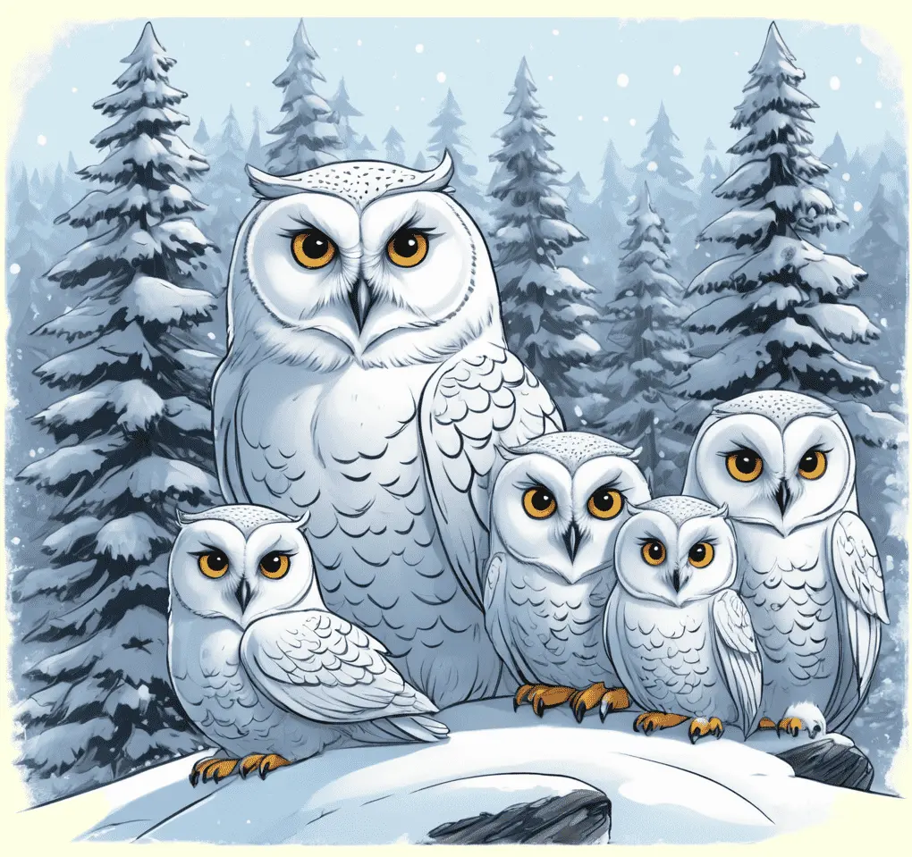 Eine Schneeeulenfamilie in einem verscheiten Wald; gezeichnet