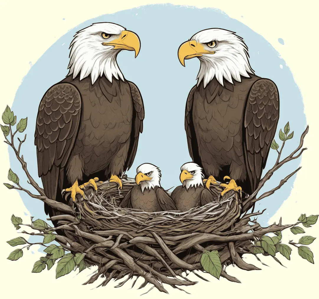 Eine Weißkopfseeadlerfamilie im Nest; gezeichnet