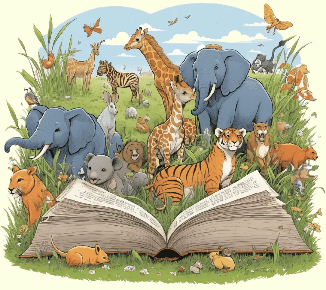 Ein Aufgeschlagenes Lexikon auf einer Wiese mit vielen Tieren dahinter; gezeichnet
