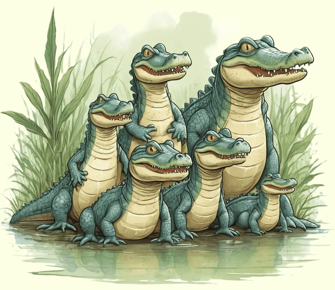 Eine Alligatorefamilie im Sumpf; gezeichnet