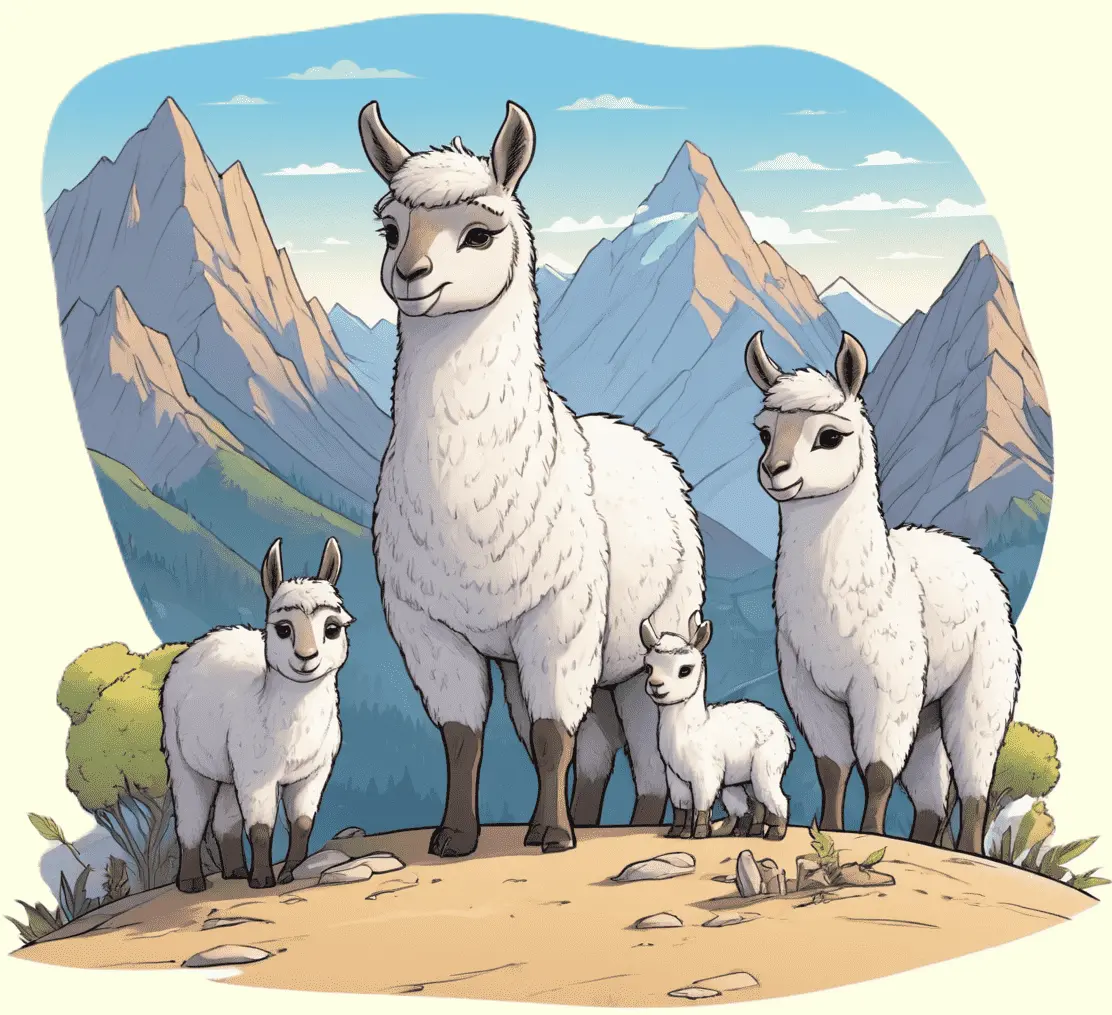 Eine Alpakafamilie im Gebirge; gezeichnet