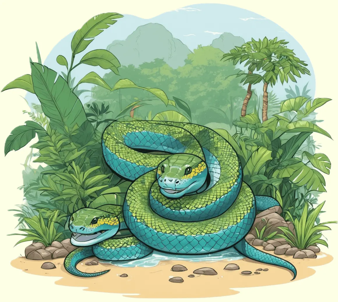 Eine Anakonda im Regenwald; gezeichnet