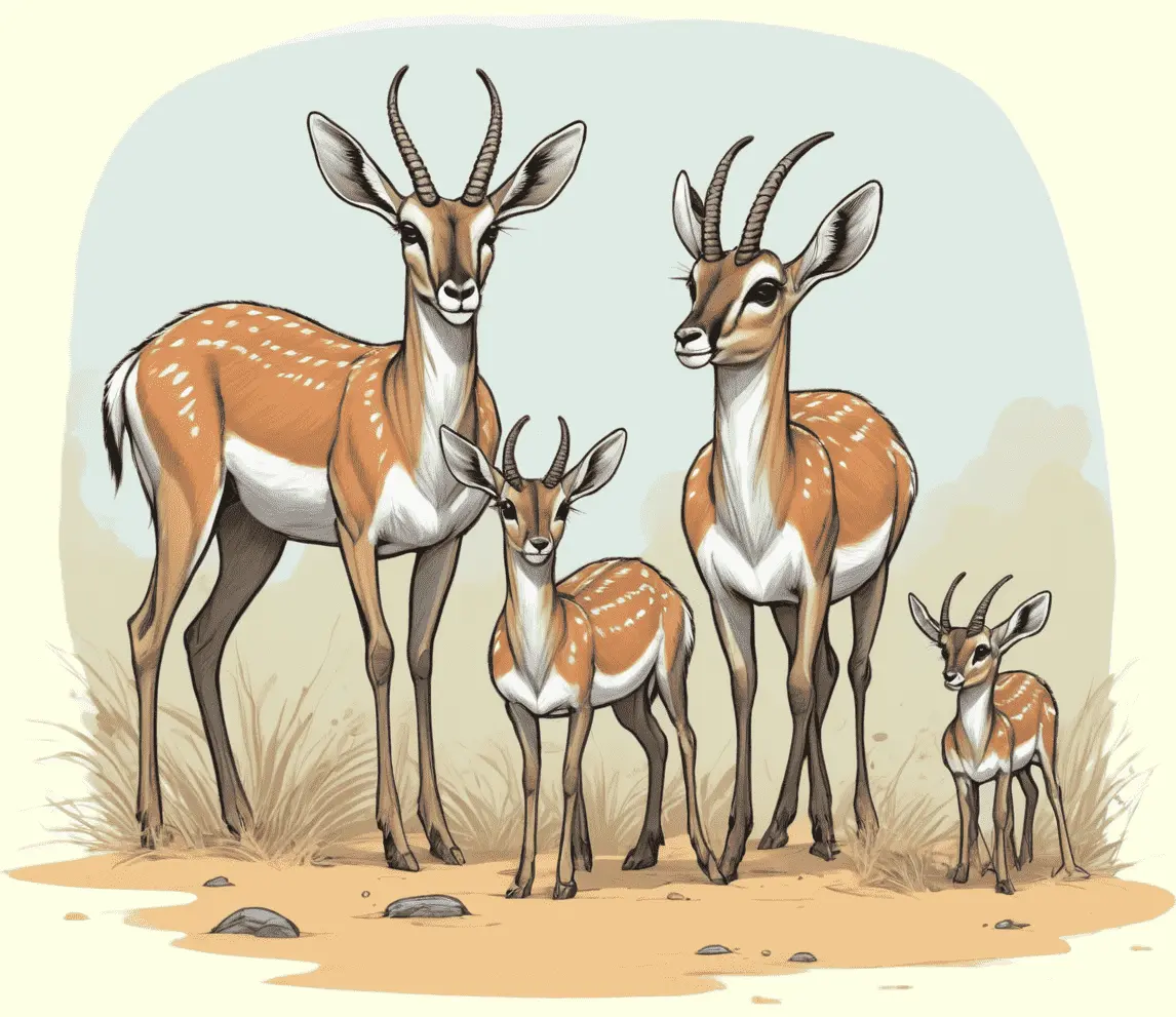 Eine Antilopenfamilie, die in der Steppe steht; gezeichnet
