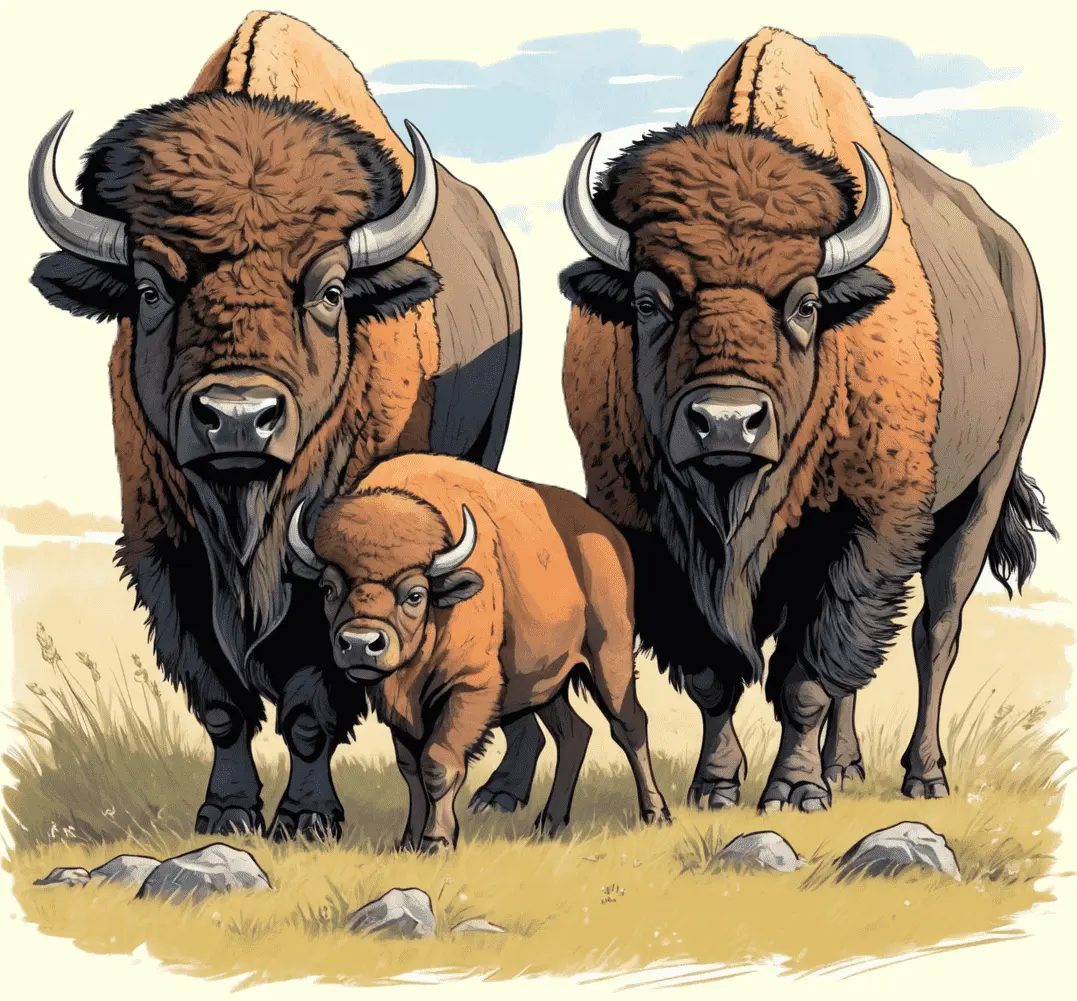 Eine Bisonfamilie in der Prärie; gezeichnet