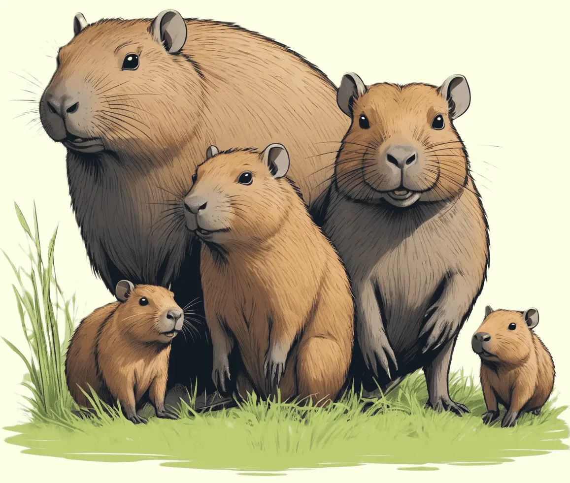 Eine Capybarafamilie im Gras; gezeichnet