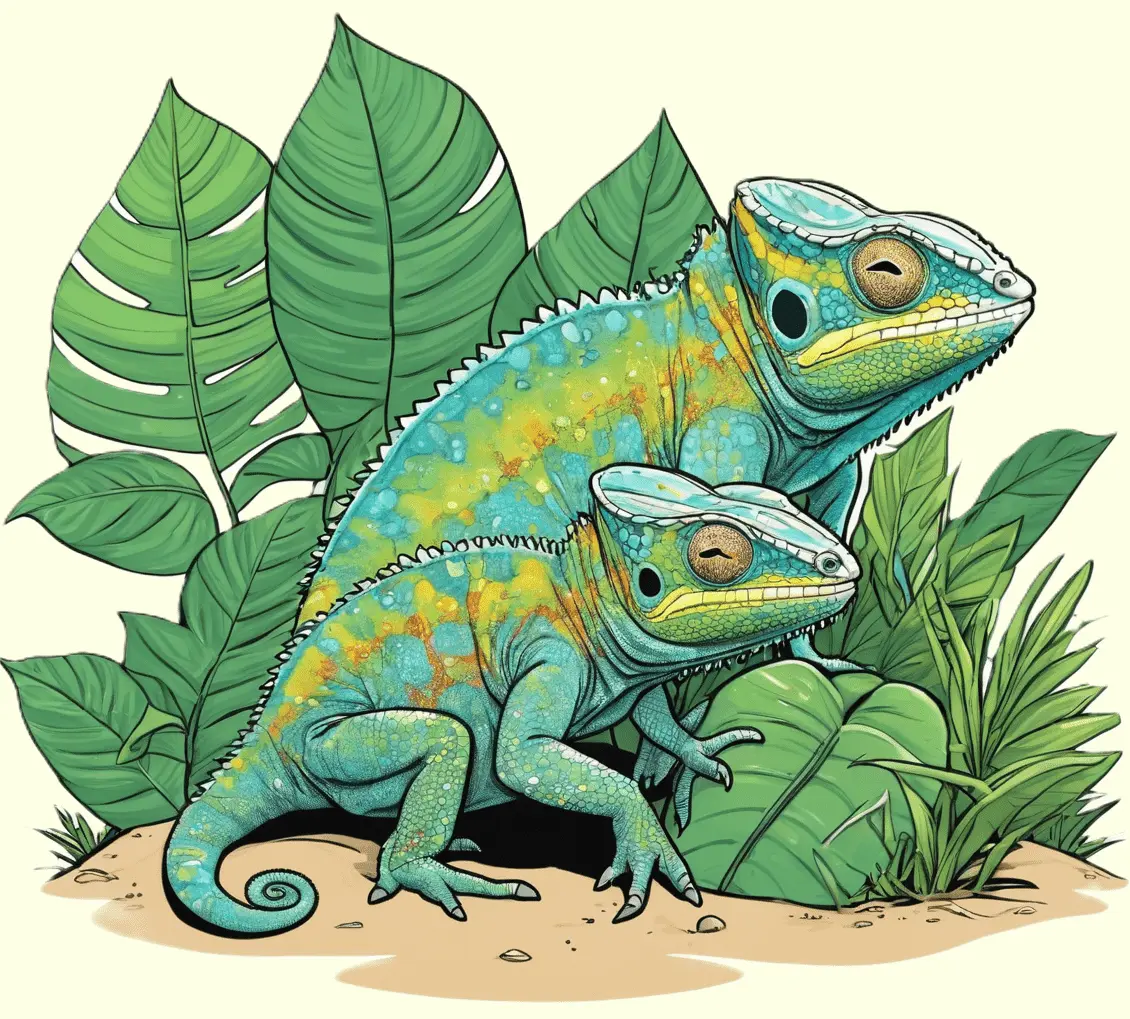 Chamäleon, die im Dschungel sitzen; gezeichnet