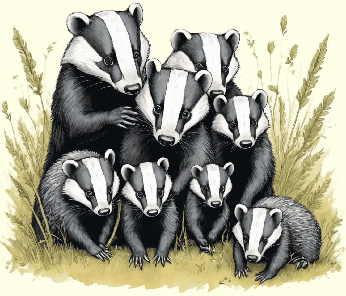 Eine Dachsfamilie im Feld; gezeichnet