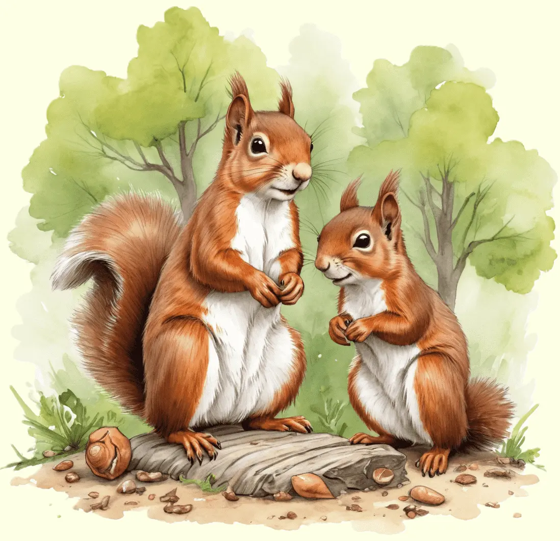 Eine Eichhörnchenfamilie im Baumwipfel; gezeichnet