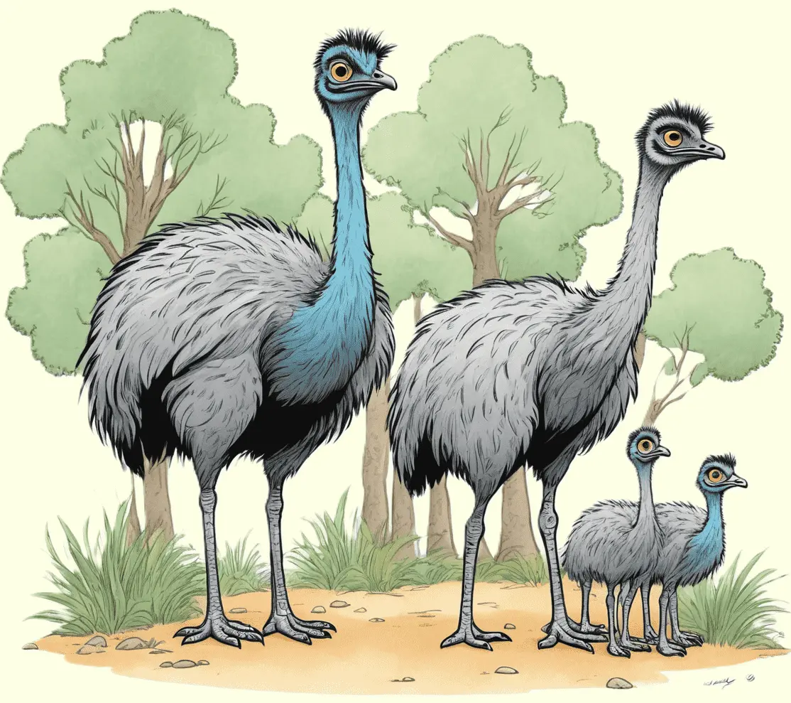 Eine Emufamilie im Wald; gezeichnet