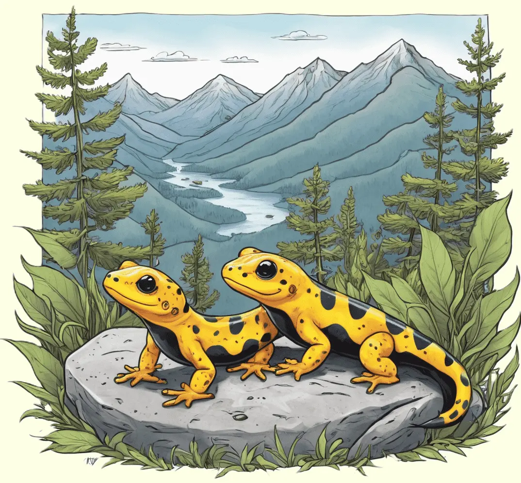 Eine Feuersalamanderfamilie im Gebirge; gezeichnet