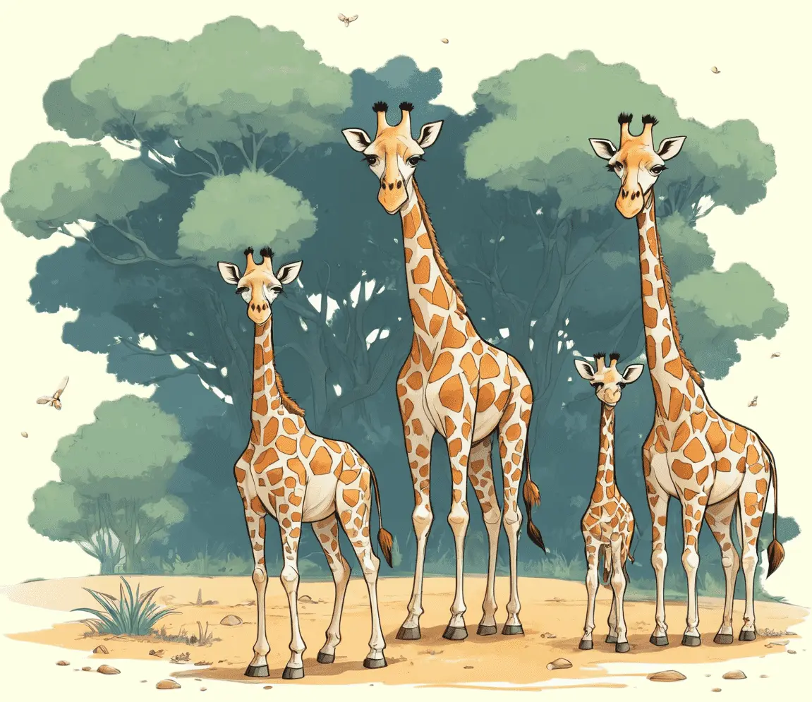 Eine Giraffenfamilie, die durch die Steppe läuft; gezeichnet