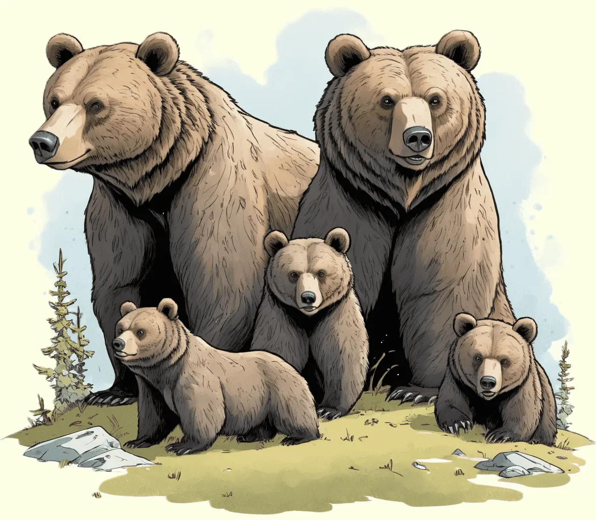 Eine Grizzlybärenfamilie in der Tundra; gezeichnet