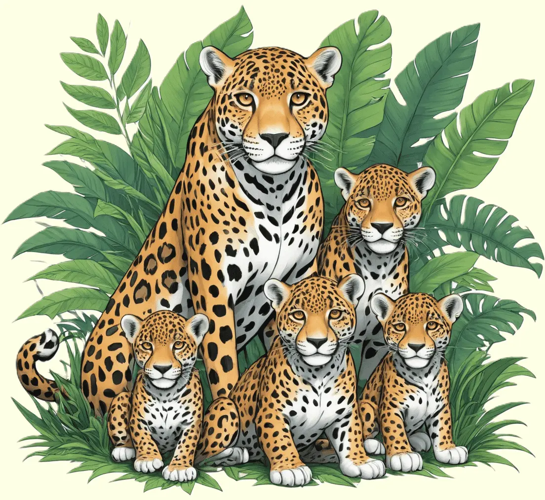 Eine Jaguarfamilie im Dschungel; gezeichnet