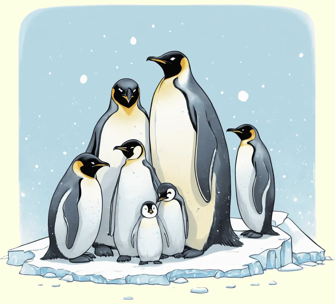 Eine Kaiserpinguinfamilie, auf dem Eis; gezeichnet