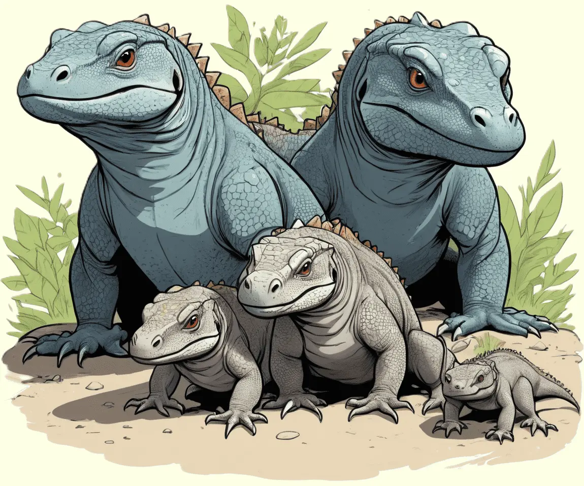 Eine Komodowaranenfamilie, die in der Savanne steht; gezeichnet