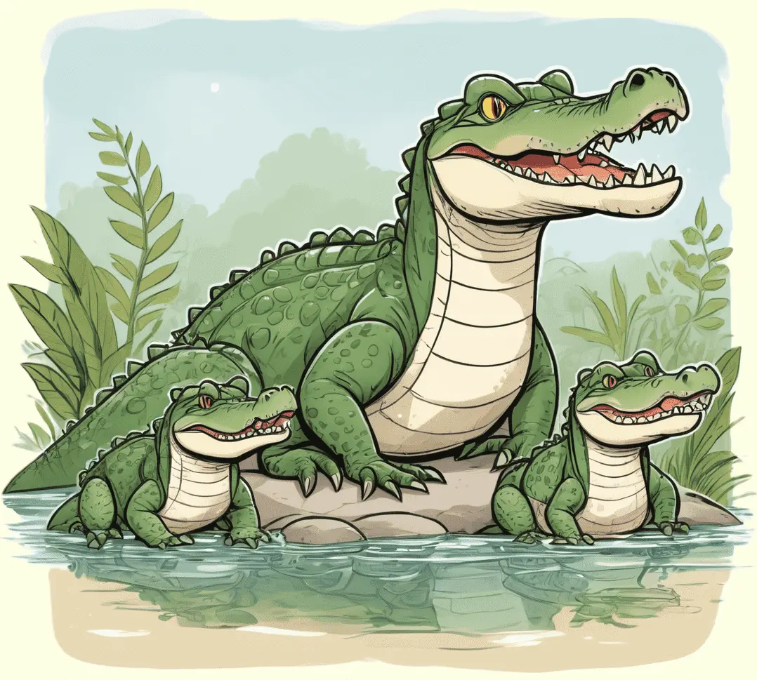 Eine Krokodilfamilie; gezeichnet