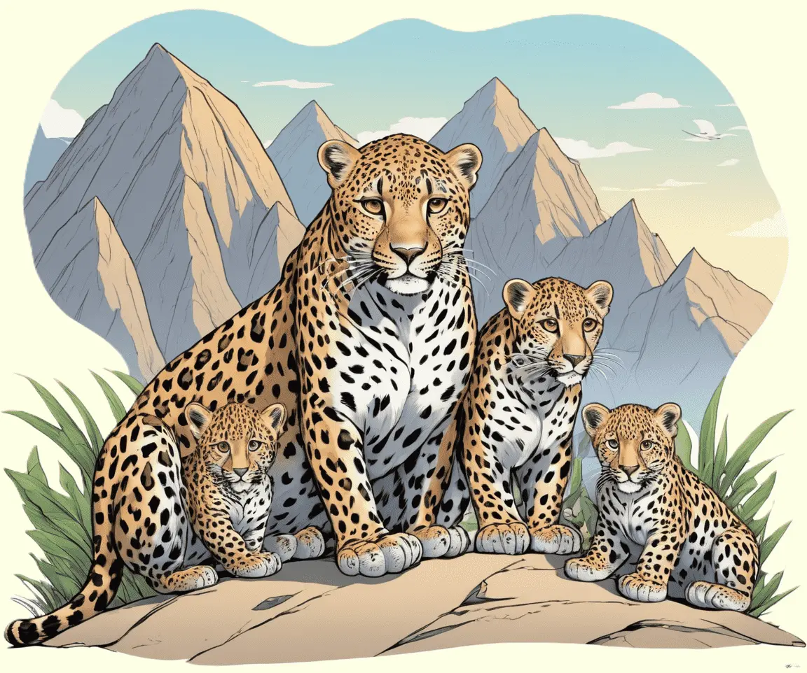 Eine Leopardenfamilie, die im Gebirge sitzt; gezeichnet