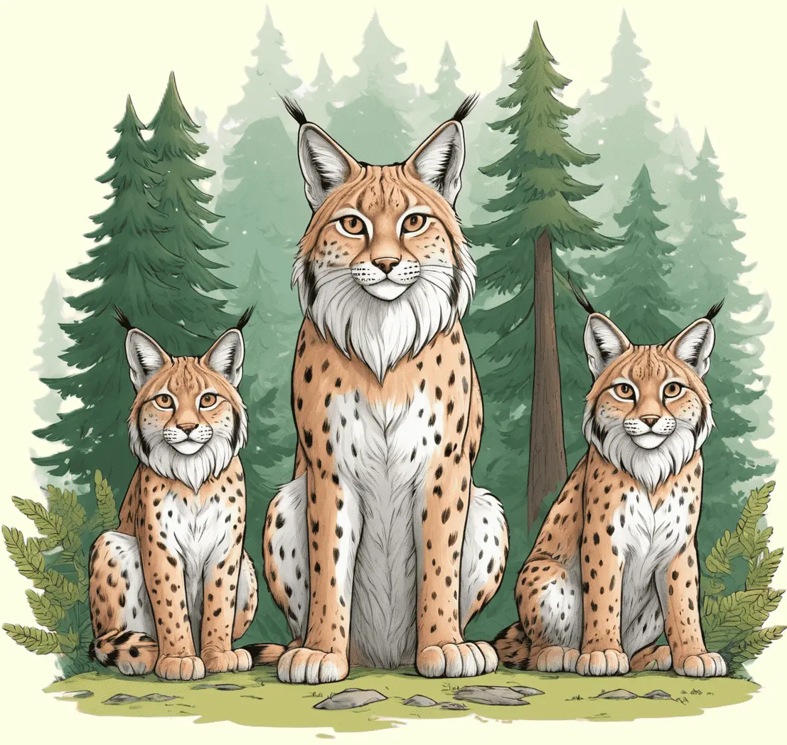 Eine Luchsfamilie im Wald; gezeichnet