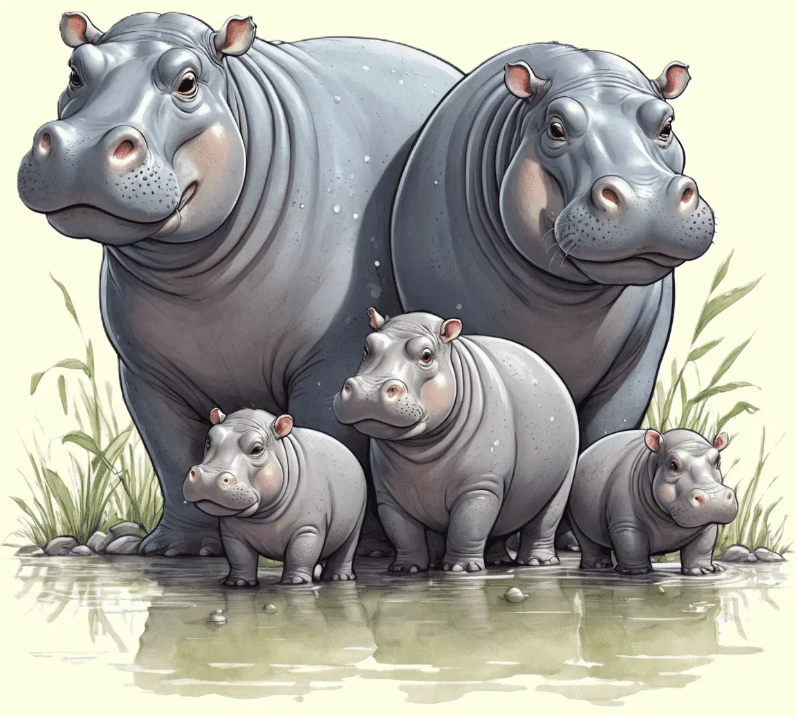 Eine Nilpferdfamilie, die am Flussufer steht; gezeichnet