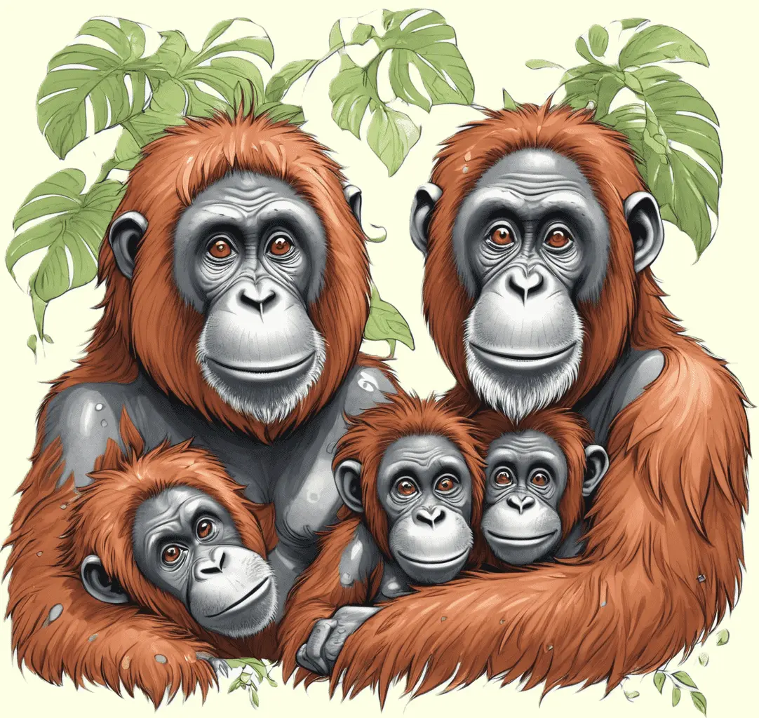 Eine Orang-Utanfamilie im Dschungel; gezeichnet