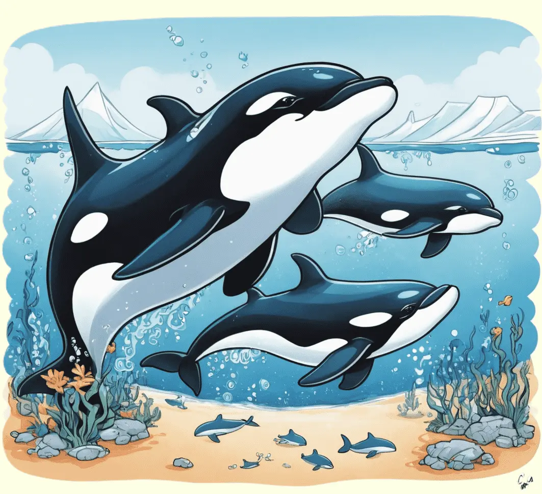 Eine Orcafamilie im Polarmeer; gezeichnet