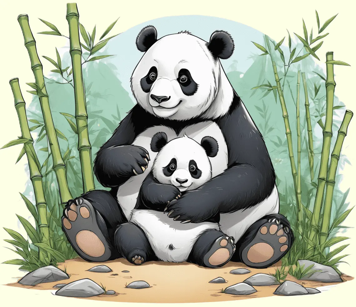 Eine Pandafamilie, die im Bambuswald sitzt; gezeichnet