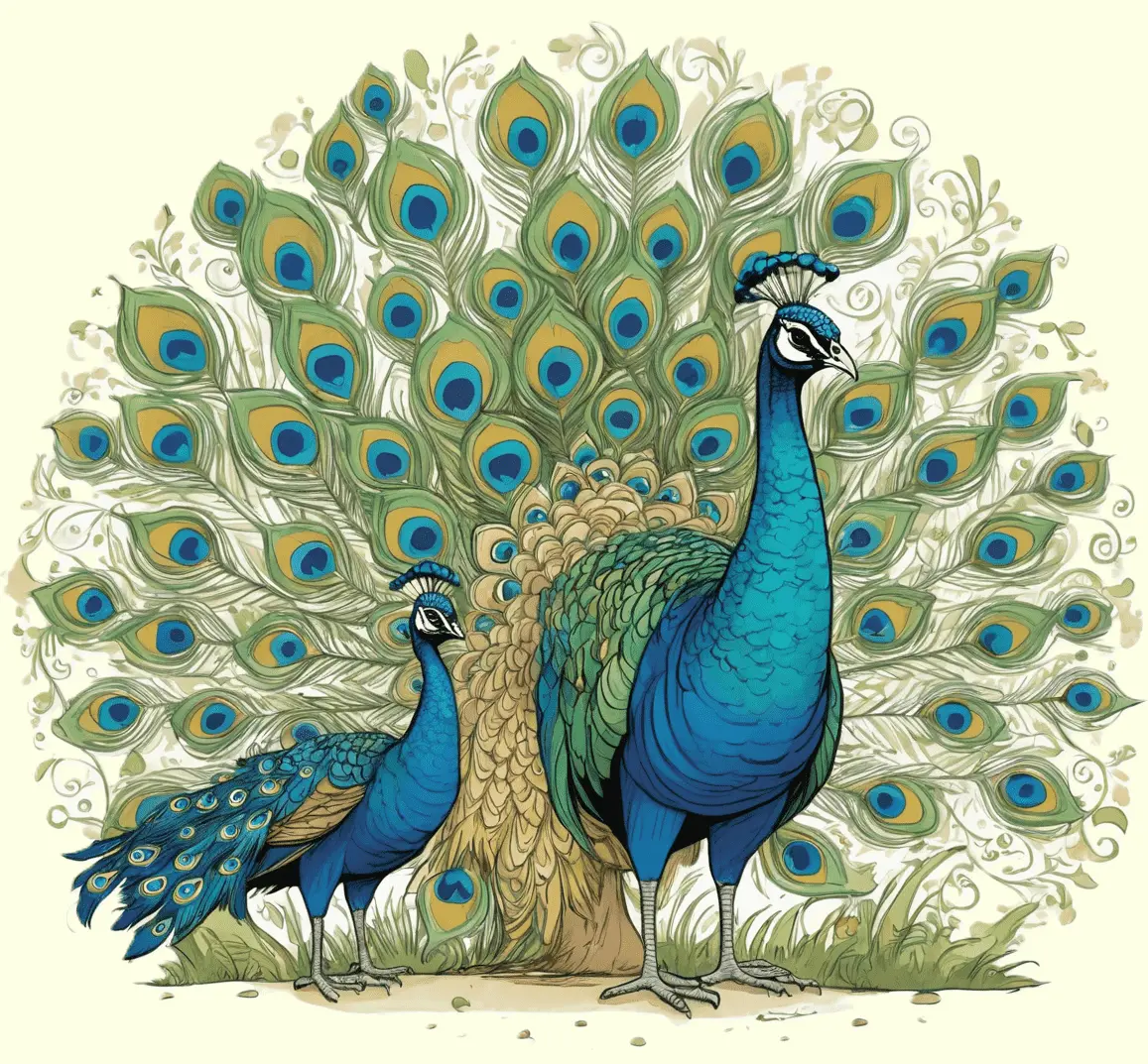 Eine Pfauenfamilie im Wald; gezeichnet