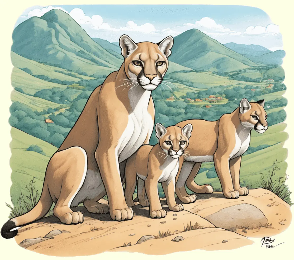 Eine Pumafamilie in den Bergen; gezeichnet