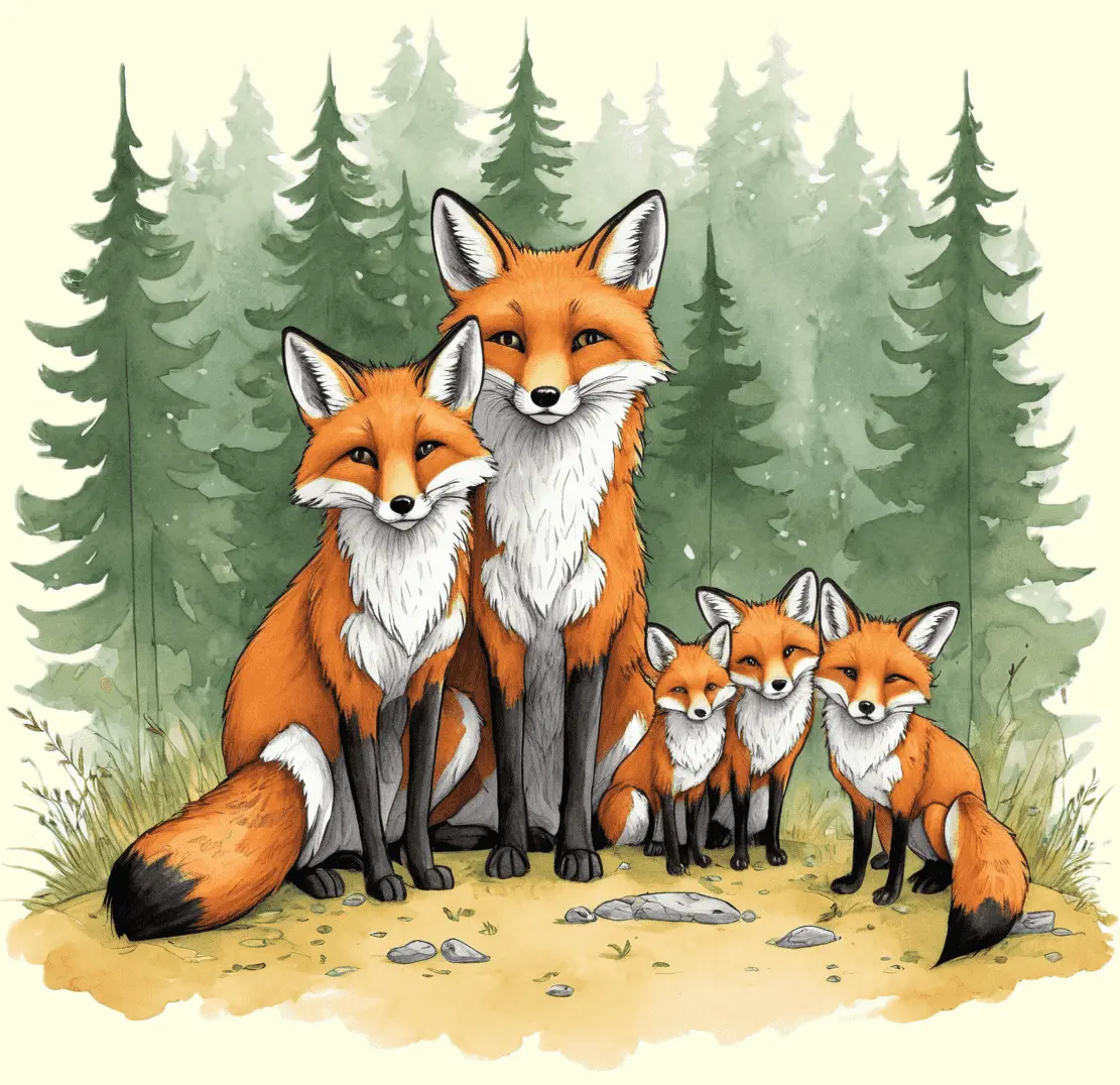 Eine Rotfuchsfamilie im Wald; gezeichnet