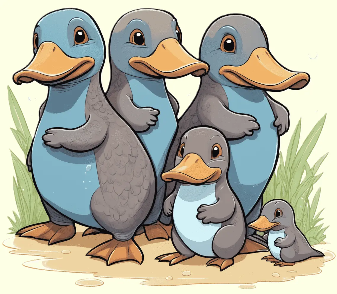 Eine Schnabeltierfamilie in einem See; gezeichnet