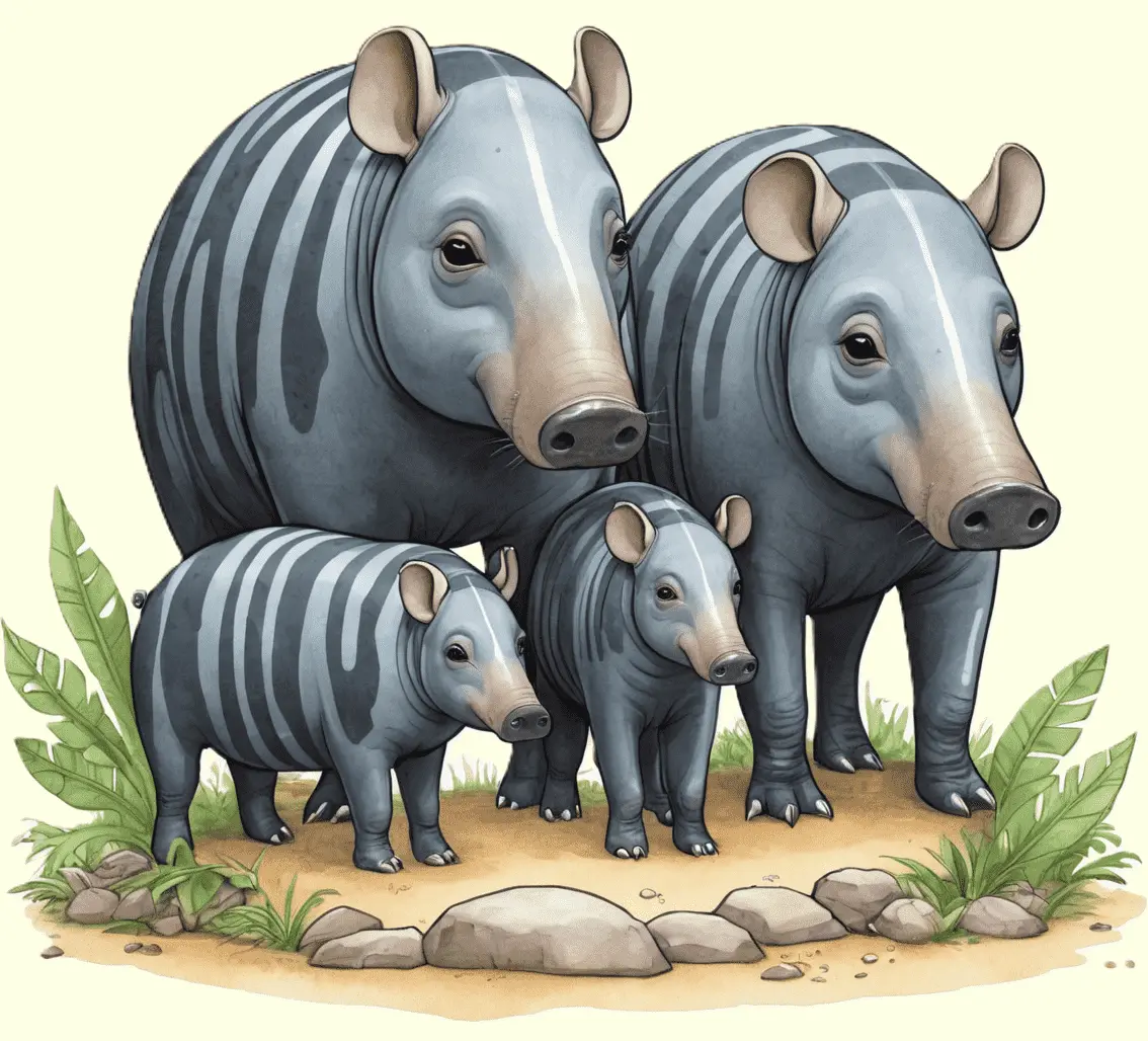 Eine Tapirfamilie im Regenwald; gezeichnet