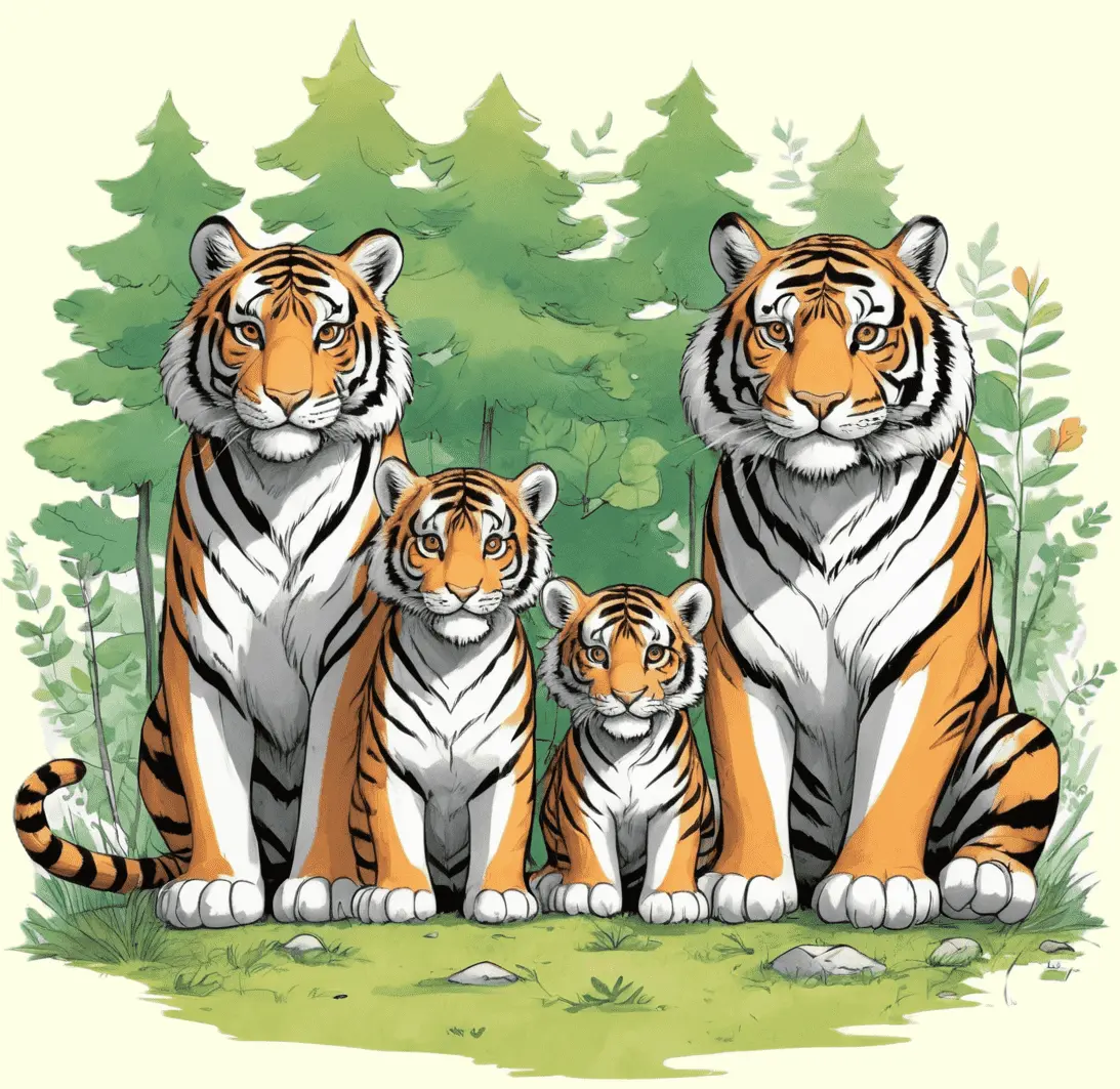 Eine Tigerfamilie im Wald; gezeichnet