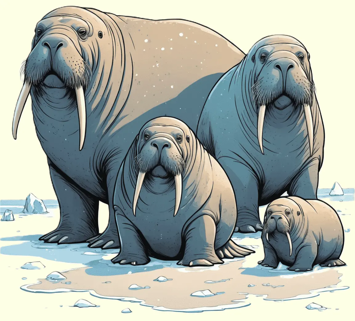 Eine Walrossfamilie auf dem Eis; gezeichnet