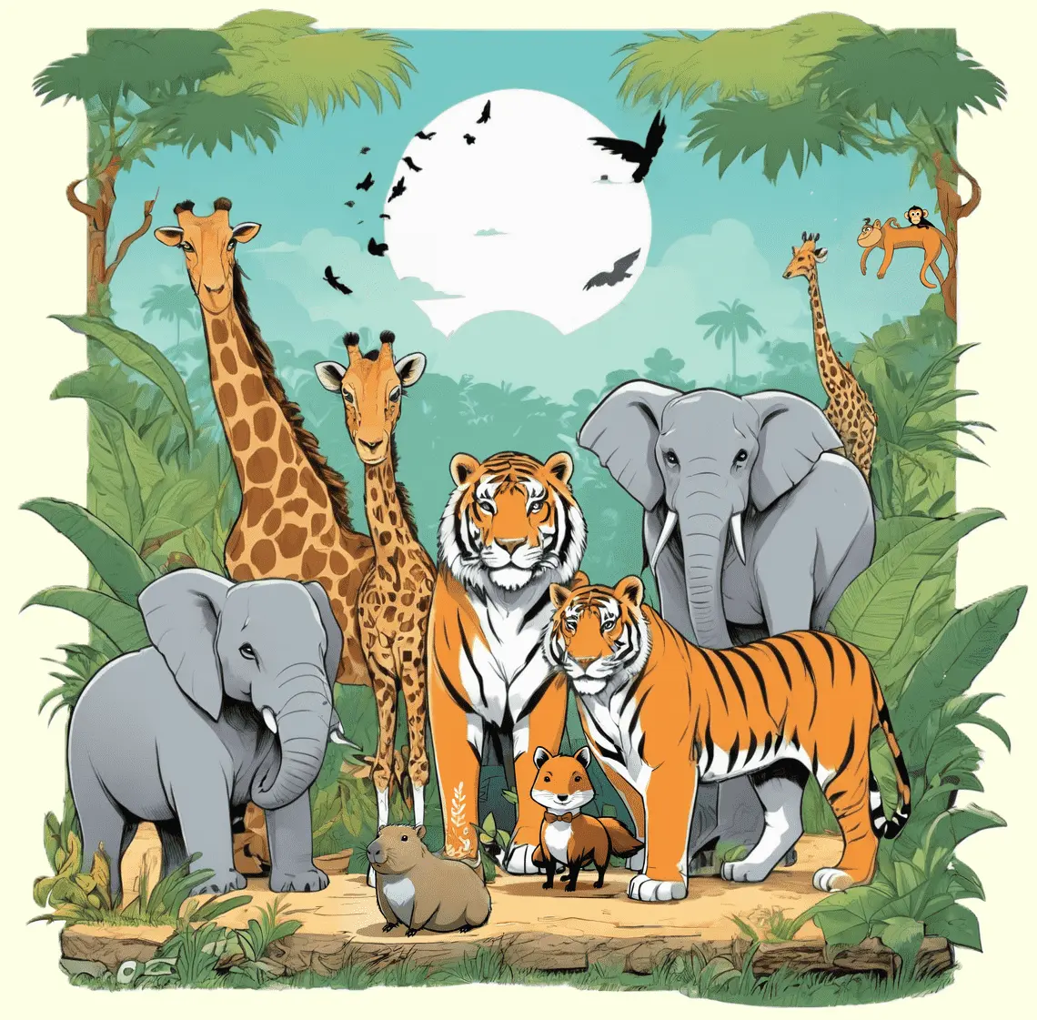 Eine Gruppe wilder Tiere; gezeichnet