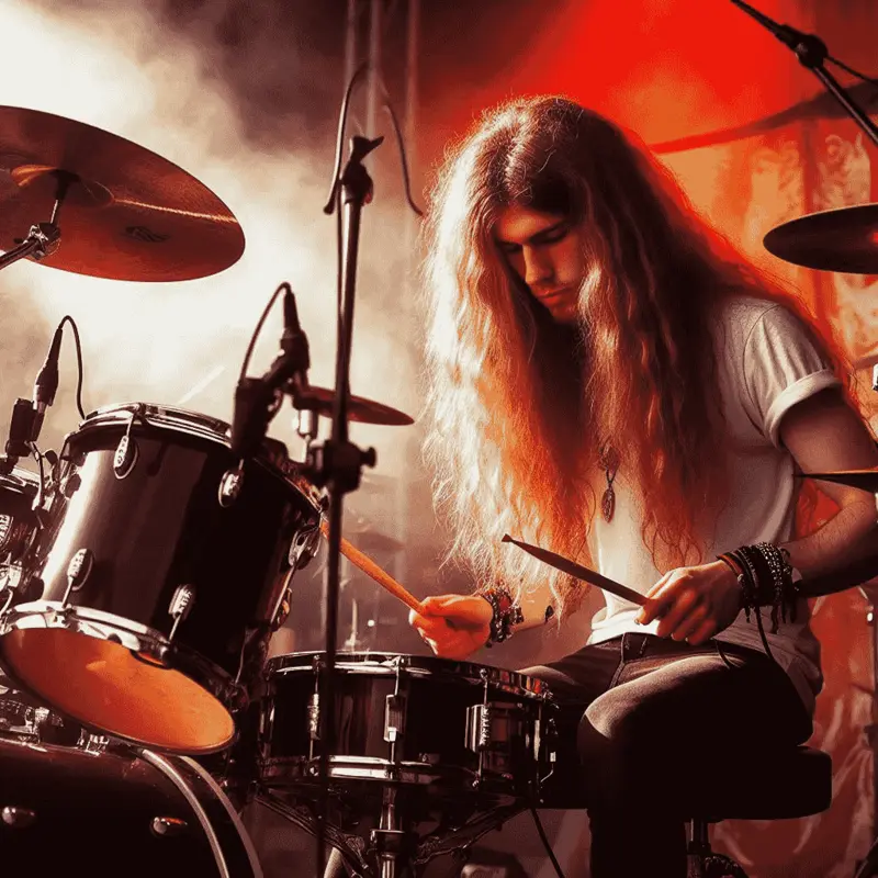 Alex, Schlagzeugspieler der Band Krakatoa hinter seinem Schlagzeug siztend auf einer Rot-orage beleuchteten Bühne