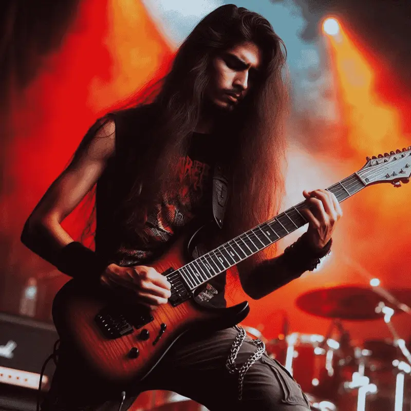 Benni, Sänger der Band Krakatoa an seiner Gitarre auf einer Rot-orange beleuchteten Bühne