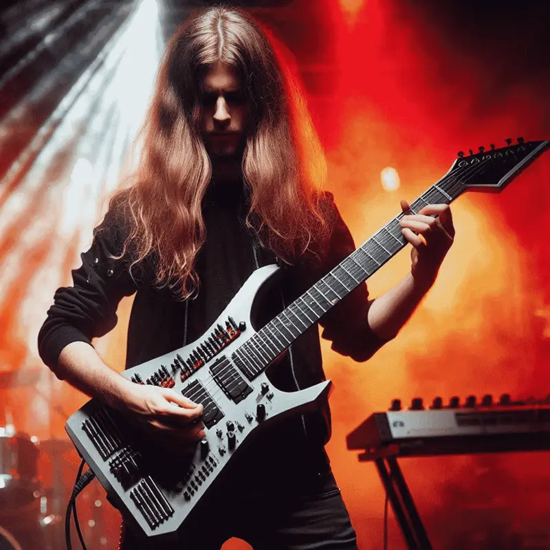Leo, Soundtüftler der Band Krakatoa mit seiner Gitarre in der Hand auf einer Rot-orange beleuchteten Bühne
