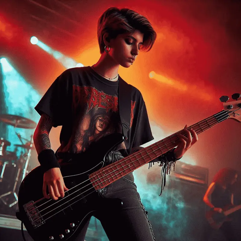 Mia, Bassistin der Band Krakatoa mit ihrer Bassgitarre in der Hand auf einer Rot-orange beleuchteten Bühne