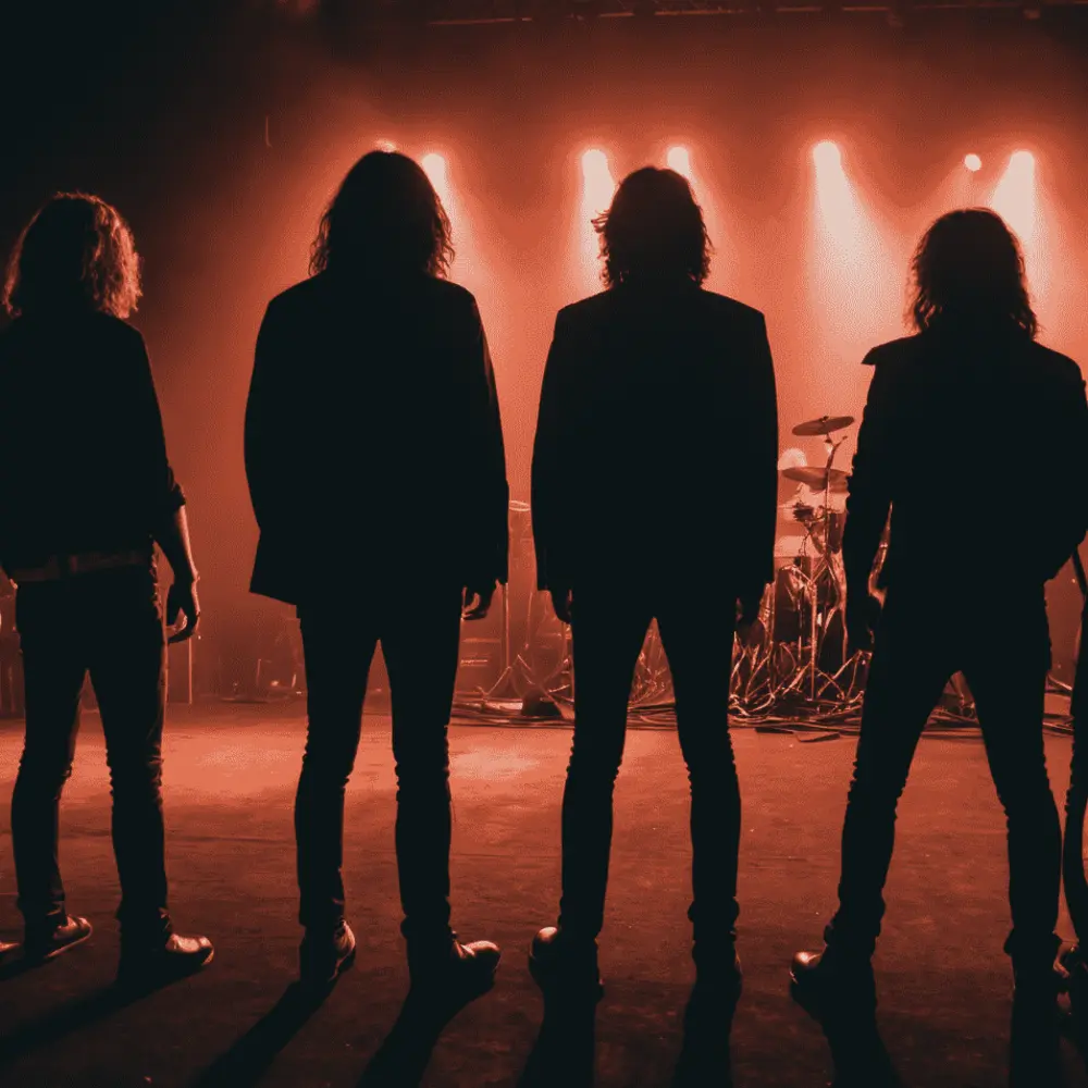 Alle vier Bandmitglieder auf der Bühne mit dem Rücken zur Kamera stehend auf ihrer letzten Tour